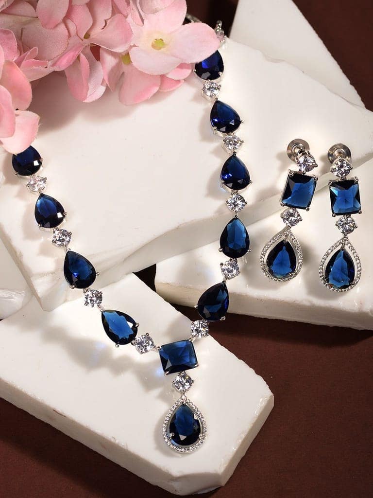 Silver Toned Blue AD studfded designer Necklace Jewellery Set view 3