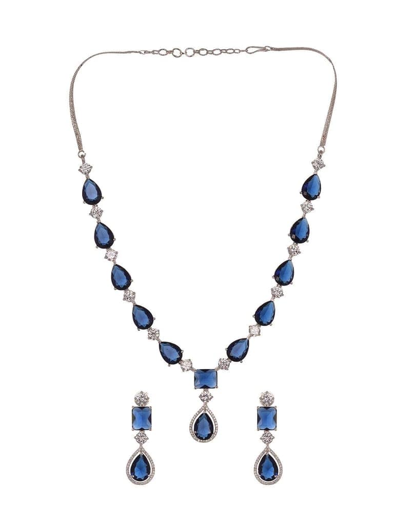 Silver Toned Blue AD studfded designer Necklace Jewellery Set view 5