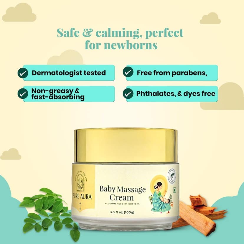 Pure Aura Baby Massage Cream 100g | Ayurvedic, Gentle Baby Cream | Infused with Ayurvedic Herbs | Nourishing & Soothing for Baby's Skin | Safe for Newborns & Kids | Doctors Recommended | Chemical-Free view 2