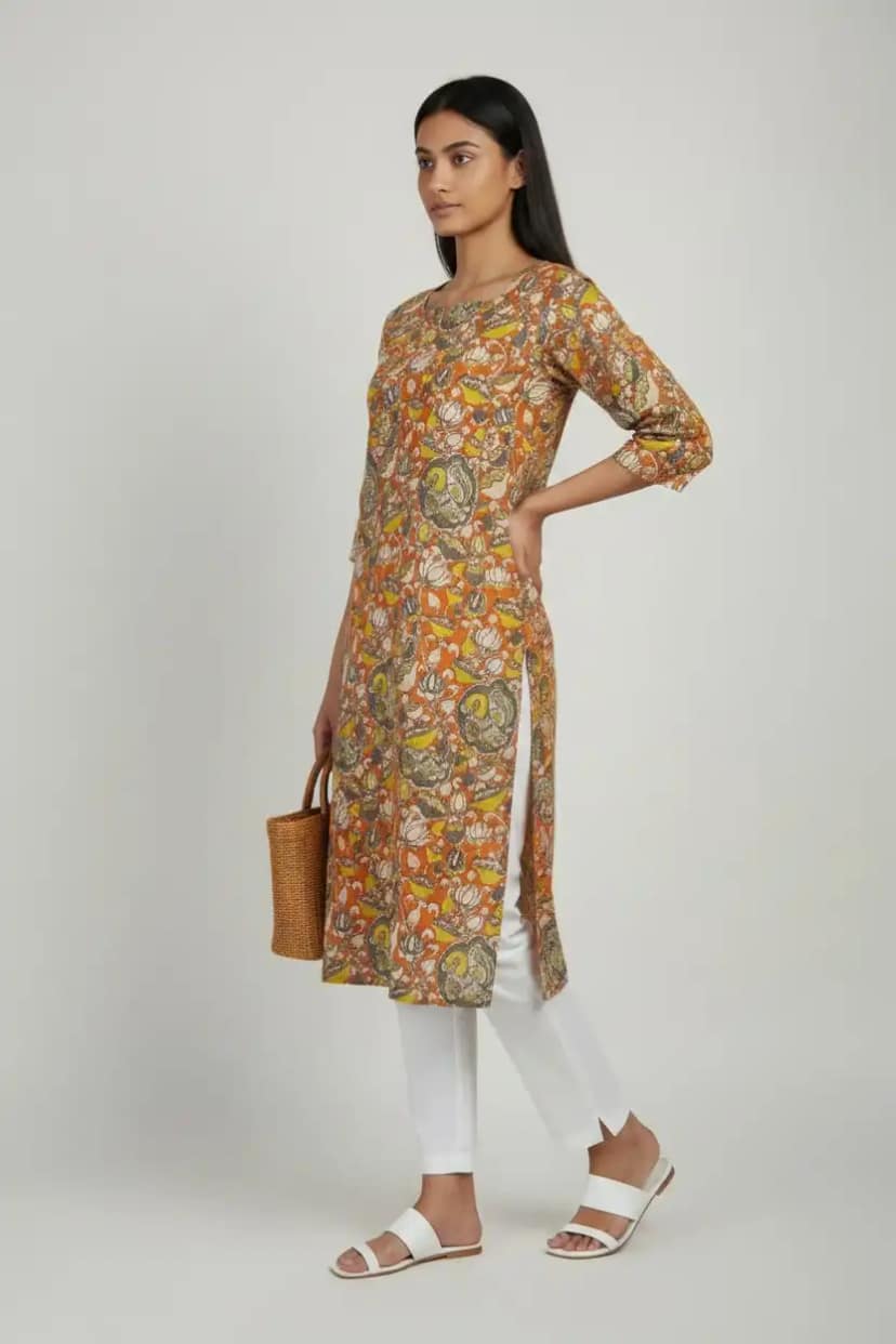 Screen-printed Pedana Kalamkari Cotton Kurti in Orange view 2