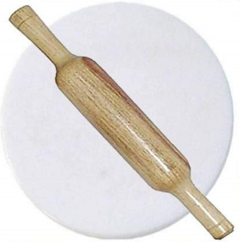 URBAN HAAT 10 inch White Marble Chakla/Marble Roti Maker/Marble Rolling Board with seesam Wood Belan 12 inch