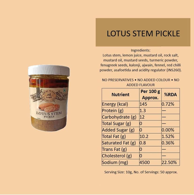 Maa Craft Lotus Stem Pickle (Kamal Kakdi Achaar) | Traditional Indian Homemade Pickle | Himalayan Crafted | Crunchy & Spicy | No Artificial Flavours | 500g view 4