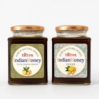 IndianHoney Ginger & Tulsi Lemon Ginger Honey Combo (Pack of 2) | Pure & Natural | 1kg (500g Each) | Unprocessed & Unfiltered Natural Sweetener