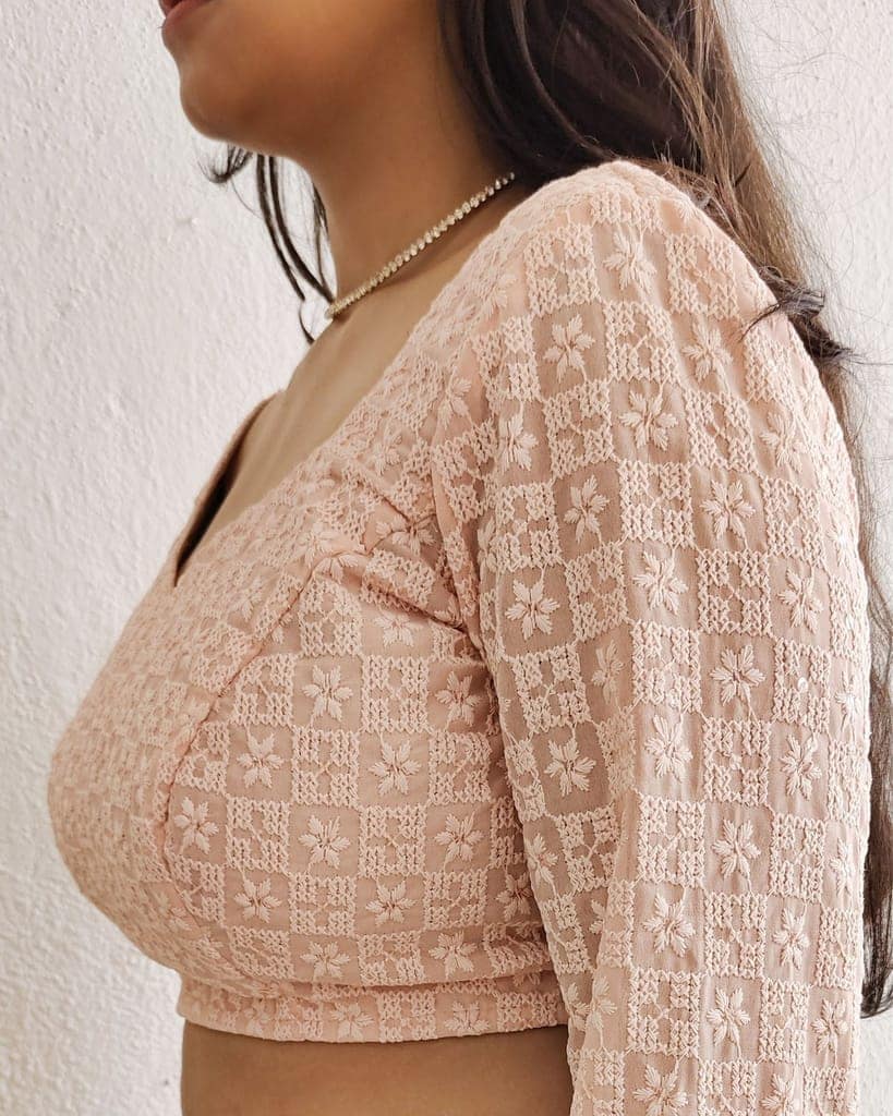 Chiffon Stitched Blouse Peach Color with Heavy Chikenkari Embroidery-9154 view 5