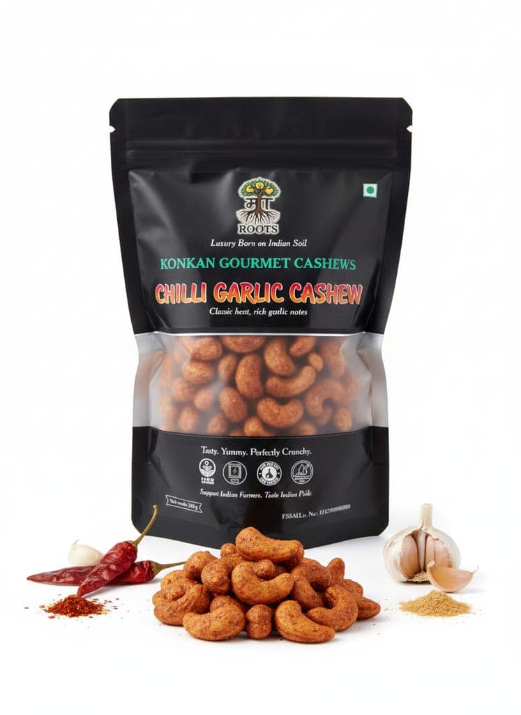 Maa Roots Chilli Garlic Cashews 200g | Spicy Garlic Flavoured Konkan Cashews | Premium Whole Kaju | Bold & Savoury Healthy Snack view 2