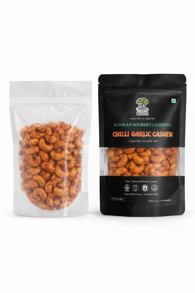 Maa Roots Chilli Garlic Cashews 200g | Spicy Garlic Flavoured Konkan Cashews | Premium Whole Kaju | Bold & Savoury Healthy Snack view 4