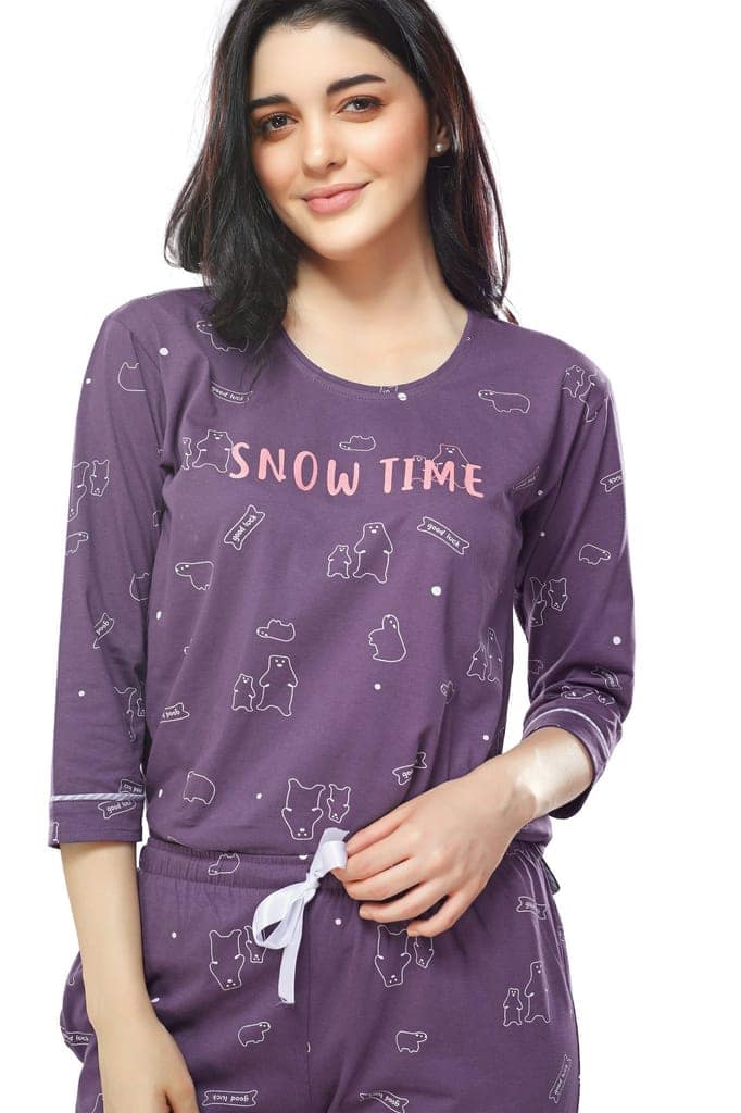 ZEYO Women's Cotton Blue Bear Printed Stylish Night suit set view 2