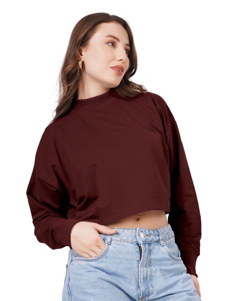 Women Full Sleeve Solid Sweatshirt (Wine) view 2