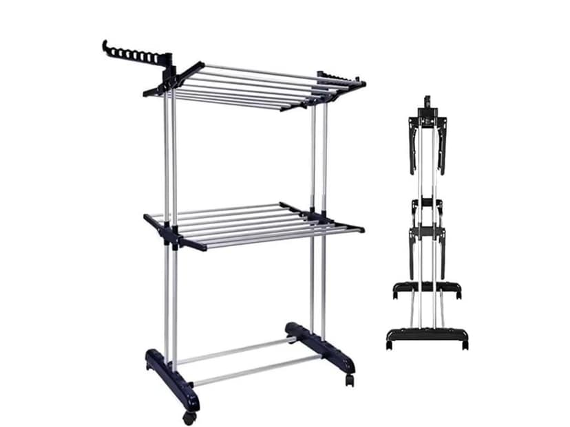 Clothes Drying Stand - 2 Tier (With 10 Clips), Stainless Steel, with Wheels view 2
