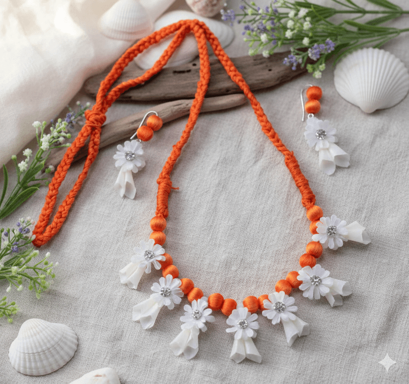 Small Fol & Ful Floral Jewelry Set | Handcrafted Orange Bead Necklace with White Flower Danglers | Lightweight Ethnic Wear