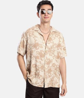 Bene Kleed Linen Relaxed Fit Printed Half Sleeves Cuban Collar Men's Casual Shirt (Beige)