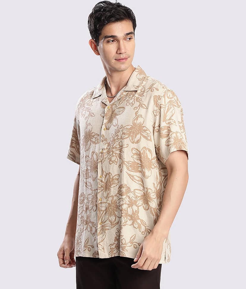 Bene Kleed Linen Relaxed Fit Printed Half Sleeves Cuban Collar Men's Casual Shirt (Beige) view 3