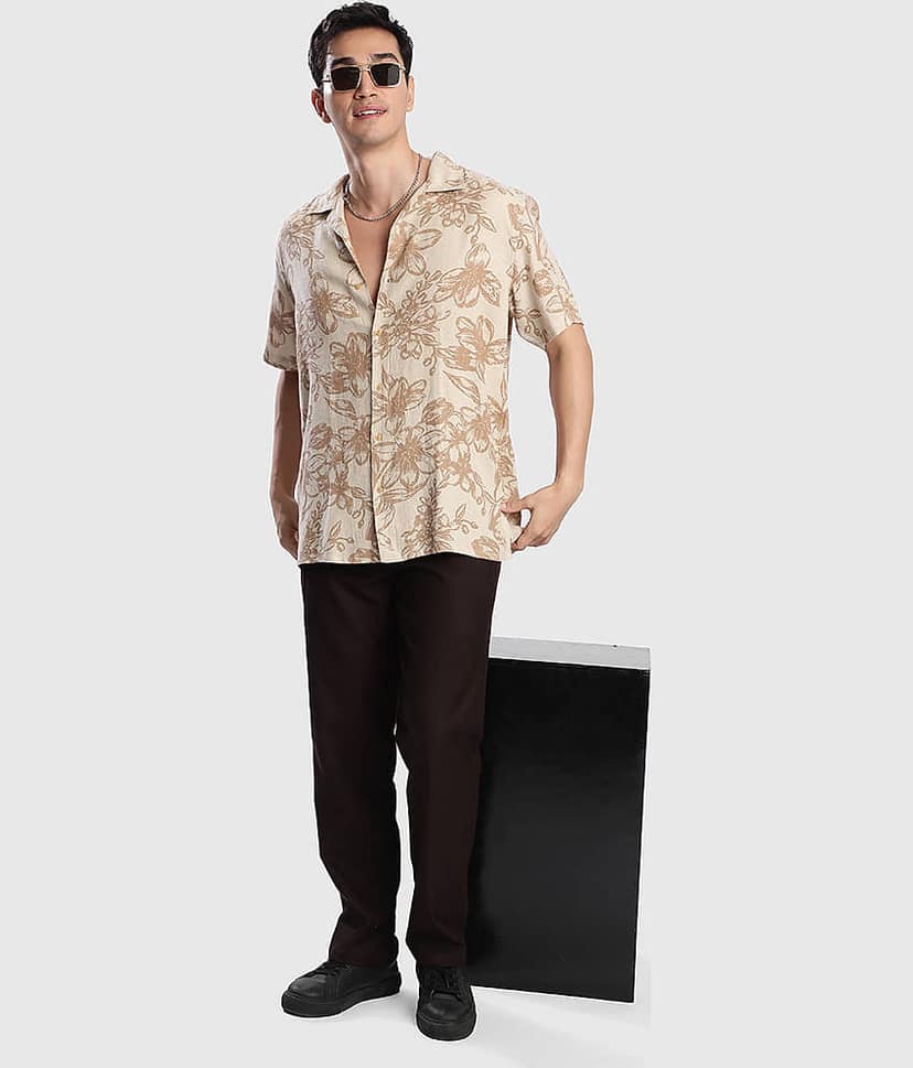 Bene Kleed Linen Relaxed Fit Printed Half Sleeves Cuban Collar Men's Casual Shirt (Beige) view 5
