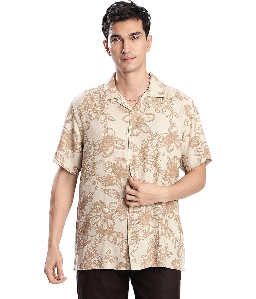 Bene Kleed Linen Relaxed Fit Printed Half Sleeves Cuban Collar Men's Casual Shirt (Beige) view 6