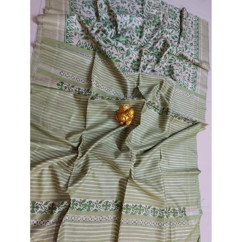 Silkmark Certified Tussar Silk Handloom Handblock Printed Green Saree with Blouse-2025