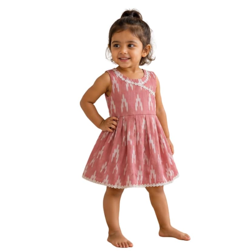 Mom and Me Baby Girls Muslin Cotton Frock | Soft Summer Dress with Cotton Lining | Sleeveless Ikat Print Dress | Back Zip & Tie-Up Belt Age 0–5 Years (in, Age, 3 Months, 6 Months, Regular, Peach)