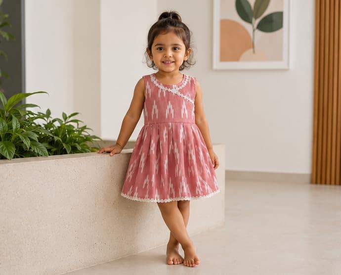 Mom and Me Baby Girls Muslin Cotton Frock | Soft Summer Dress with Cotton Lining | Sleeveless Ikat Print Dress | Back Zip & Tie-Up Belt Age 0–5 Years (in, Age, 3 Months, 6 Months, Regular, Peach) view 2