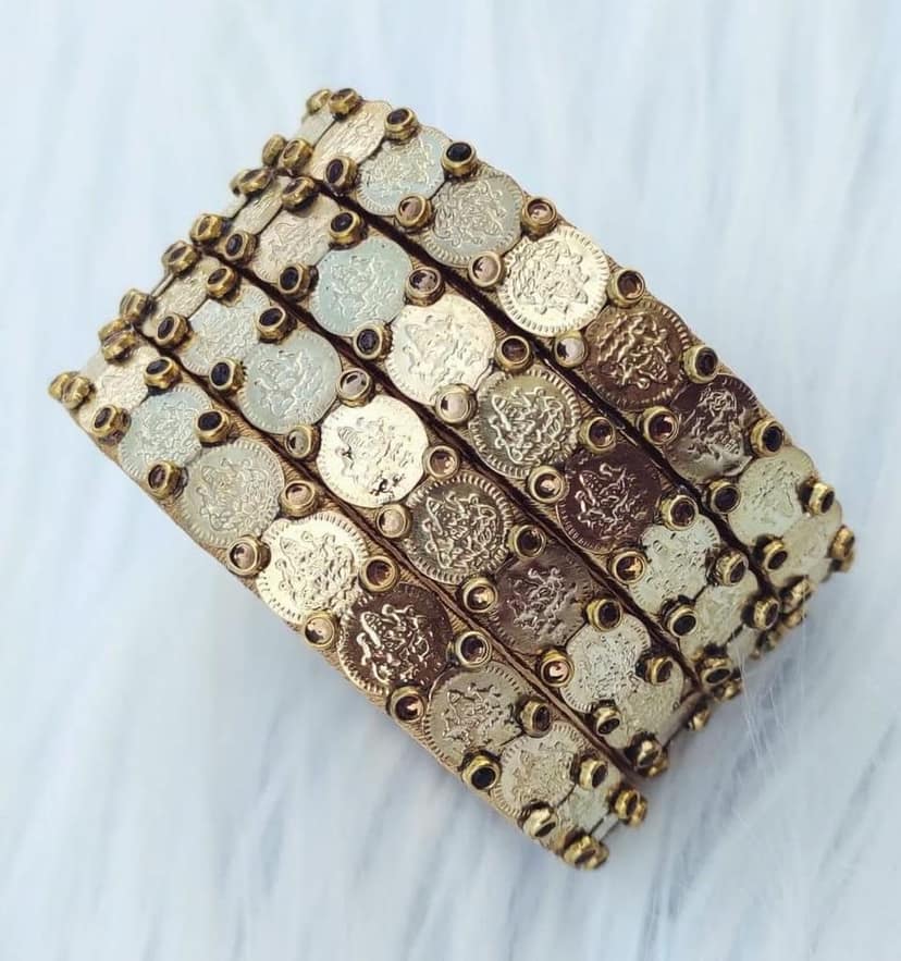 Oxidized Gold Plated Coin Bangle Set of 4 view 2