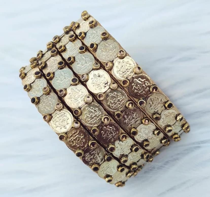Oxidized Gold Plated Coin Bangle Set of 4 view 3