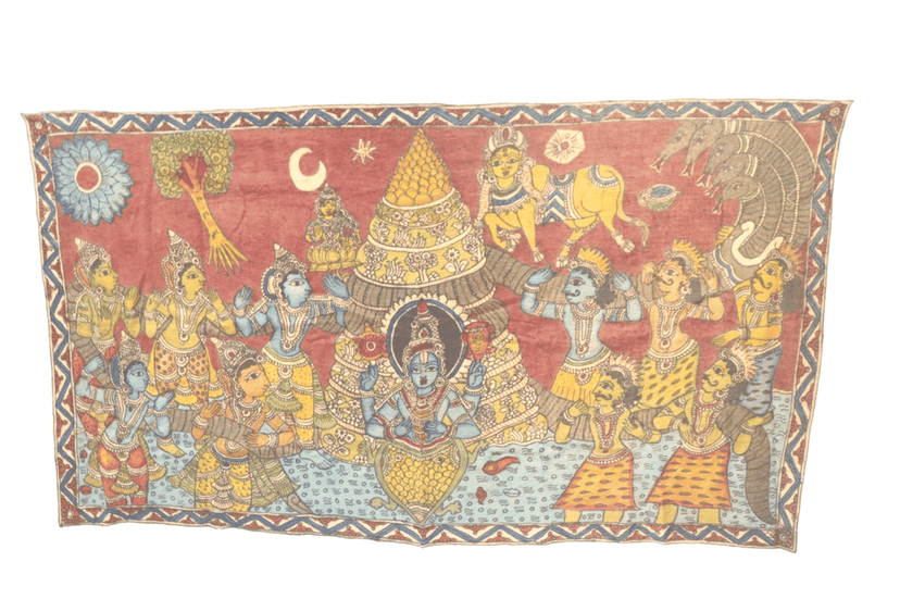 Kalamkari handmade design Pattachitra Painting of Lord Vishnu with His Consorts Sridevi and Bhudevi view 3