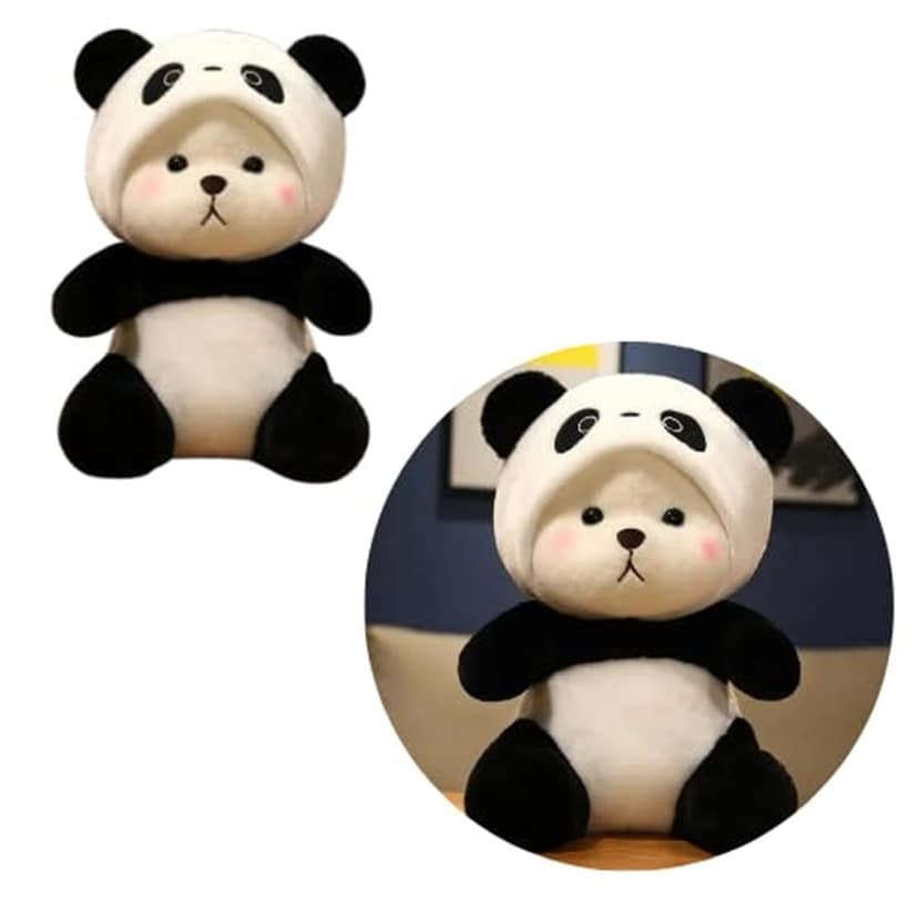 CuddleNest 40 cm Plush Bear in Panda Costume with Cap – Ultra-Soft Stuffed Animal Toy for Kids, Black & White Cuddly Friend for Gifting and Snuggles view 2