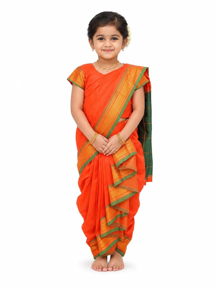 Mom and Me Nauvari Saree for Girls/Baby Girl, Ready to Wear, Marathi Maharashtrian Traditional Saree, Festival Outfit for Puja, Ganpati Festival, School Programs stitch Blouse (Orange, 6-7 Years)