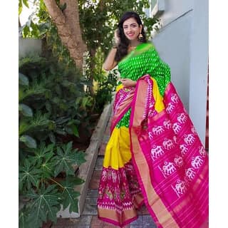 Green And Pink Colour Ikkat Designer Printed saree