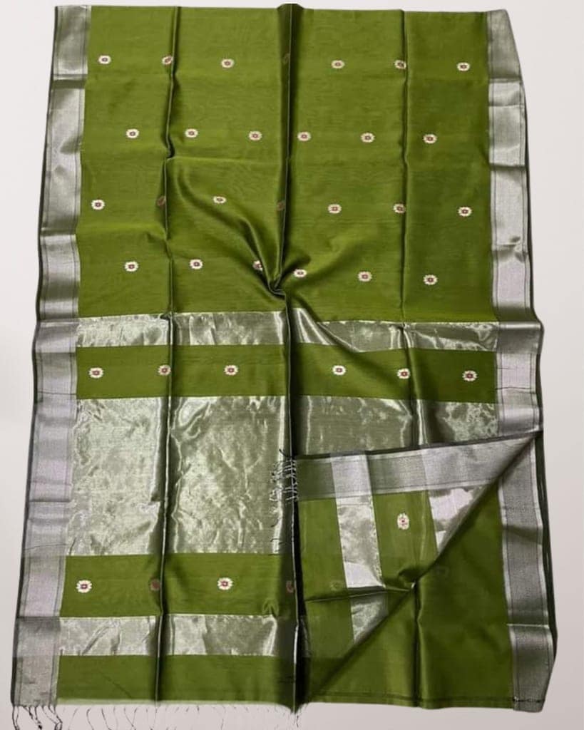 Pure Maheshwari Silk Saree Olive Green Color Handloom Handwoven Single Design Zari Border with Flower Buti Pallu and contrast blouse-8536