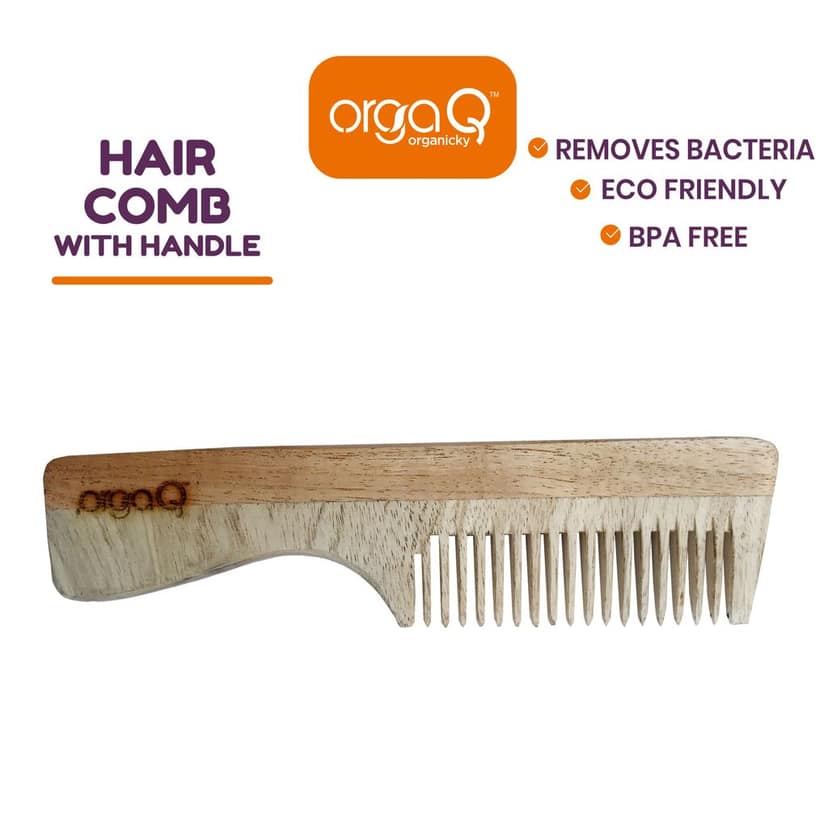 OrgaQ Organicky Natural Neem Wood Hair Comb With Handle Remove Bacteria | Eco friendly view 3