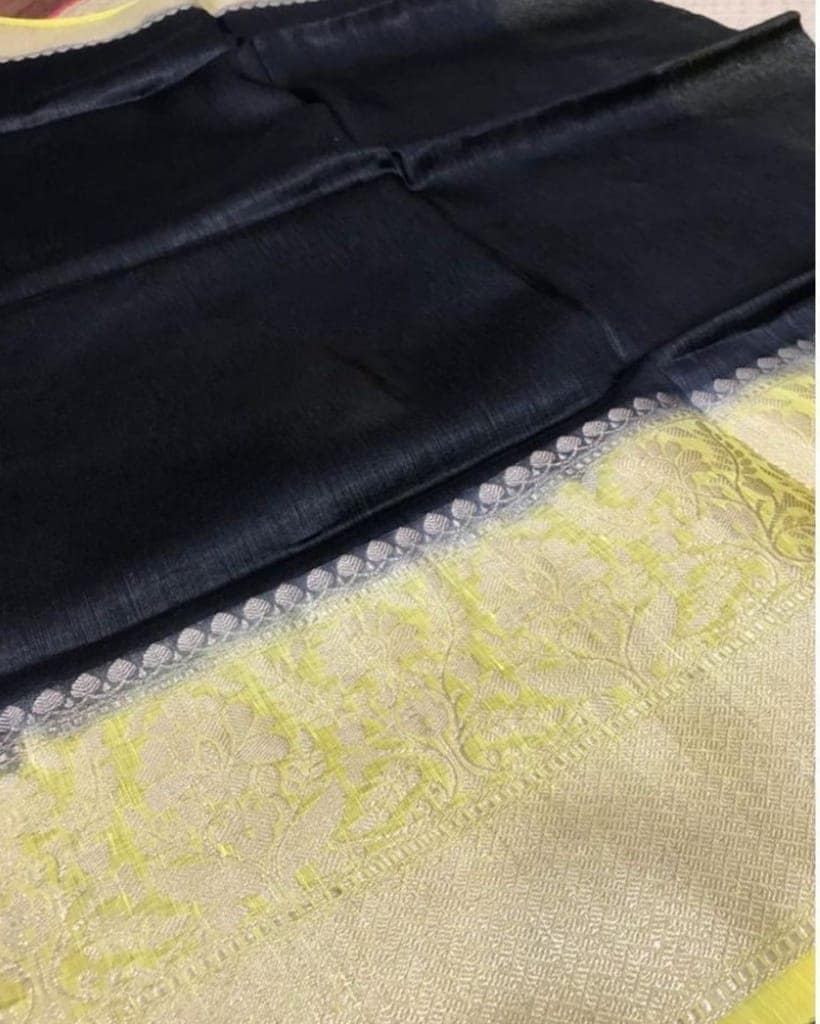 Silk Linen Banrasi Brocade Weaving Handloom Black Saree with Blouse-8407 view 2
