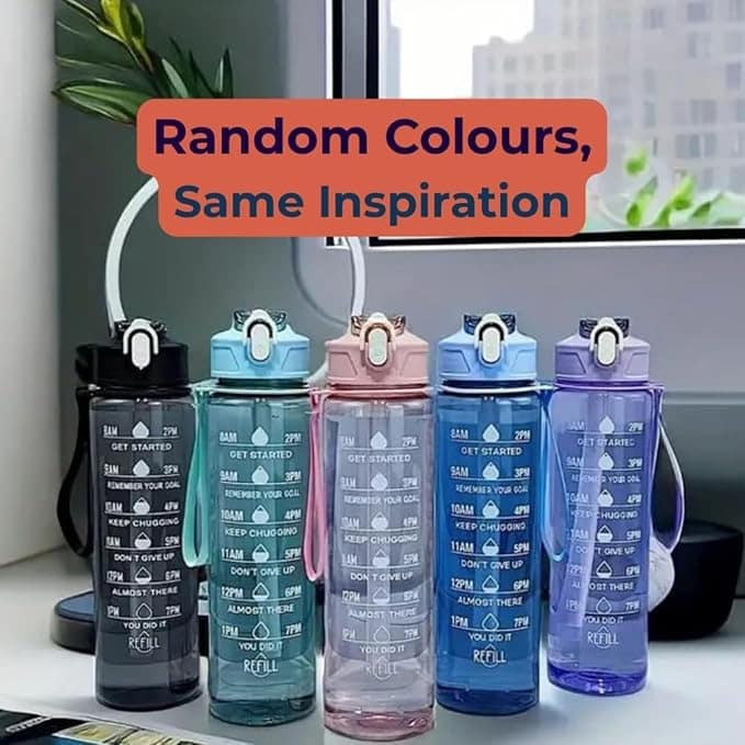 Transparent Motivational Water Bottle (900 ML) with Time Marker, Leakproof, Durable, Time Marker | Non-Toxic Bottle for Fitness, Gym, office, School, Indoor/Outdoor Bottle (Multicolor, Pack of 1) view 3