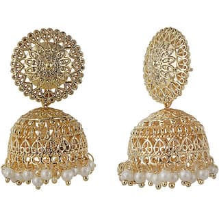 Filigreee Jhumki Filigree Top Earrings Golden Alloy Copper Material Drop Hook Earrings for Women's Fashion Jewelry view 2