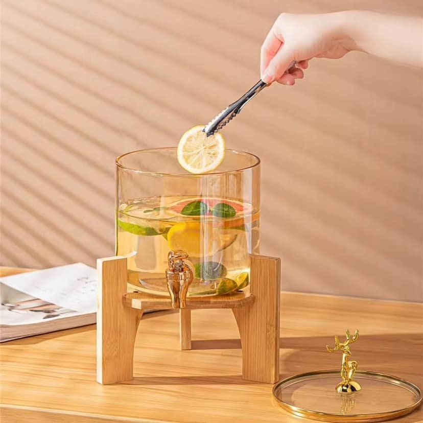 Glass Dispenser with Tap and Wooden Stand 2600 ML Set of 1 Water& Juice Dispenser with Air Tight Lid Pitcher for Detox Waters - Counter Table Top Perfect for Home & Kitchen, Office, Restaurant, Party view 2