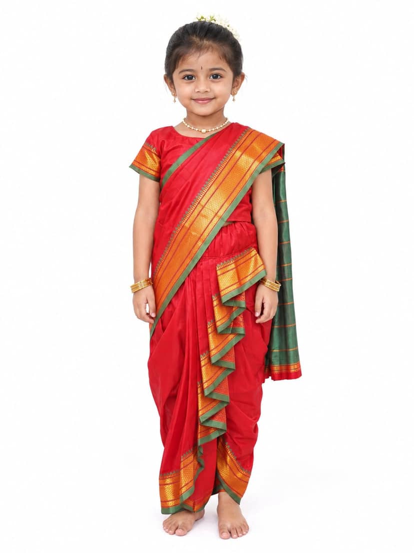 Traditional Baby Girl Marathi Nauvari Saree, Ready-to-Wear Festival Outfit (12-18 Months)