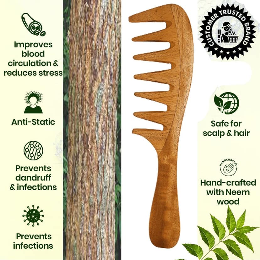 Rufiys Pure Neem Wooden Wide Tooth Comb | Neem Wood Hair Comb for Women & Men | Hair Growth | Anti Dandruff | Detangling Comb Pack of 1 view 2