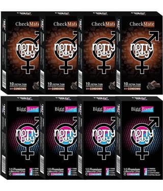 NottyBoy 4 IN 1, Dotted, Ribbed, Extra Time, Ultra Thin Chocolate Flavoured Condoms - 80 Units
