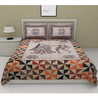 Cotton Brown Traditional Dandiya Barmeri Print Double Bed Sheet With 2 Pillow Covers