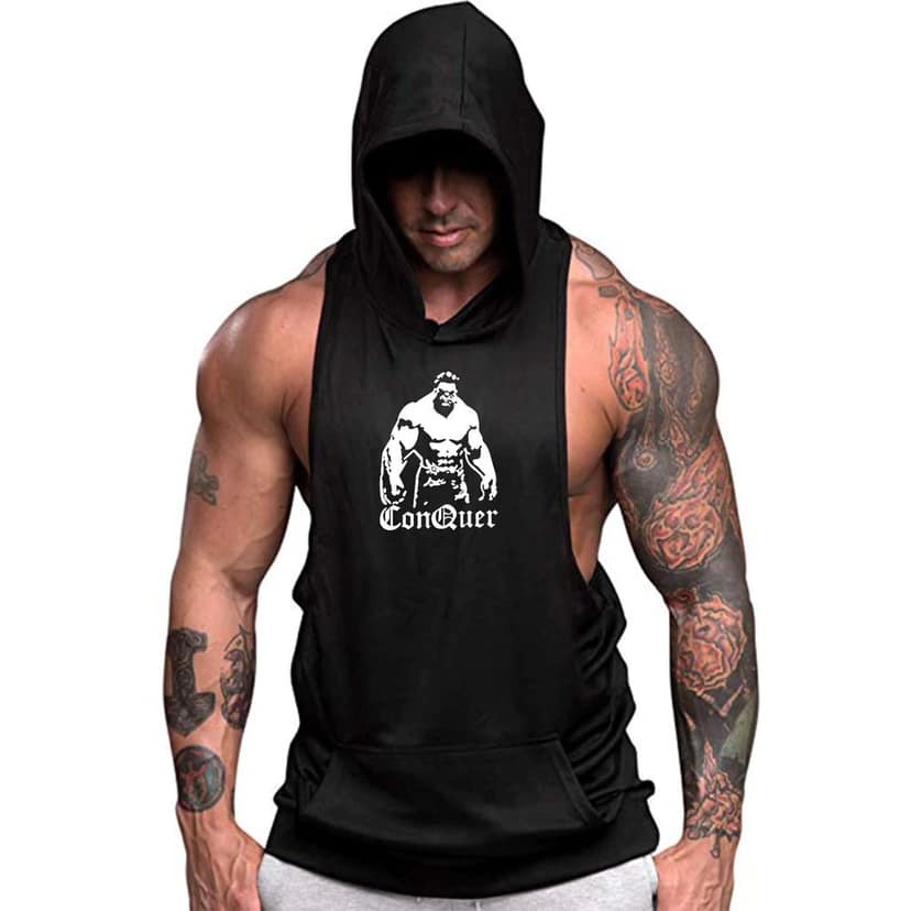 Hot Button Conquer Printed Stringer Gym Vest Hoodie for Men | Y-Back Design view 4