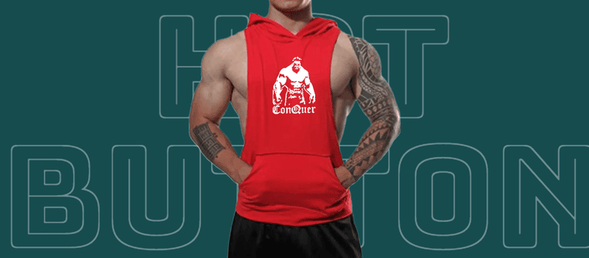Hot Button Conquer Printed Stringer Gym Vest Hoodie for Men | Y-Back Design view 6