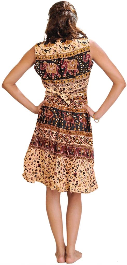Peach And Red Sanganeri Summer Dress with Printed Camels and Elephants view 2