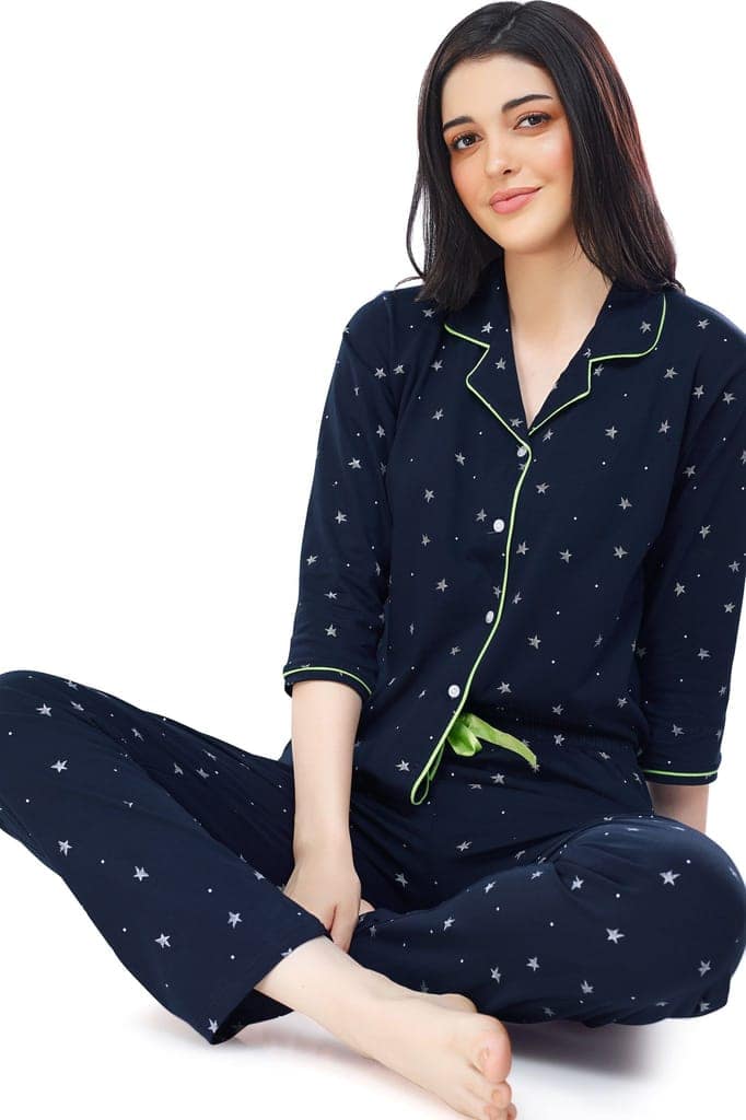 ZEYO Women's Cotton Green Star Printed Stylish Night suit set