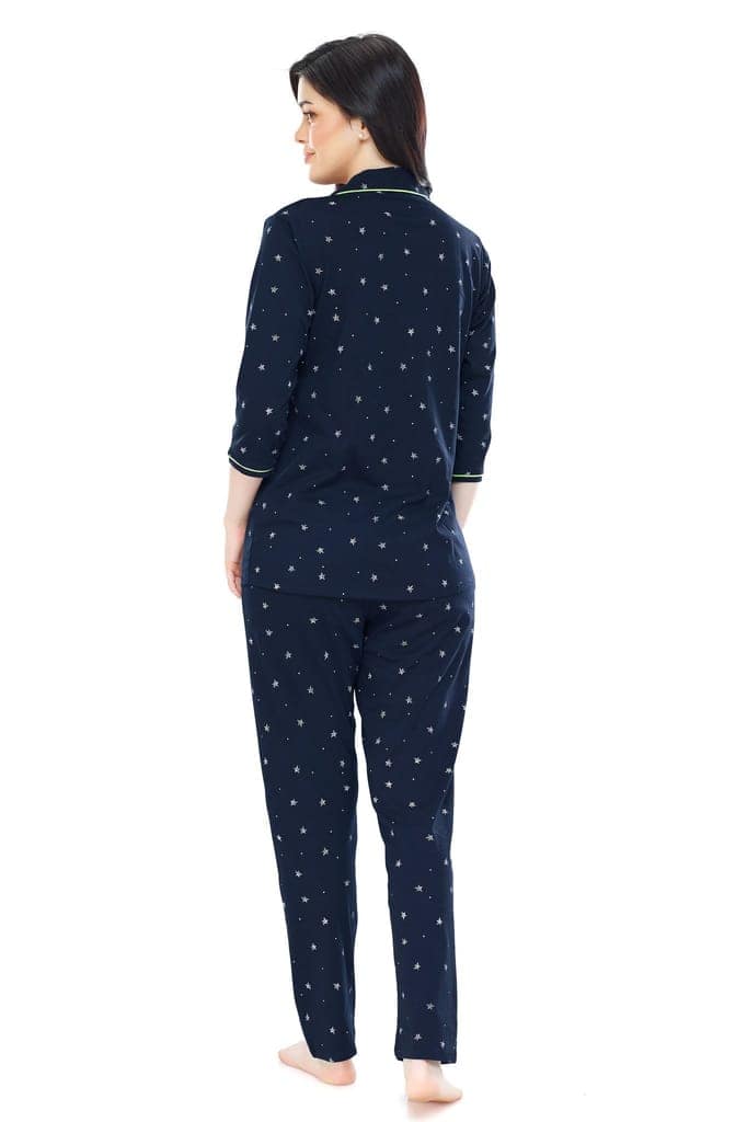 ZEYO Women's Cotton Green Star Printed Stylish Night suit set view 3