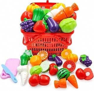 PLUSPOINT 15 Pcs Fruit & Vegetable Cutting Toy Set with Basket|Sliceable Pretend Play Kitchen Toys for Kids|Learning Toy with Knife & Cutting Board for Boys & Girls