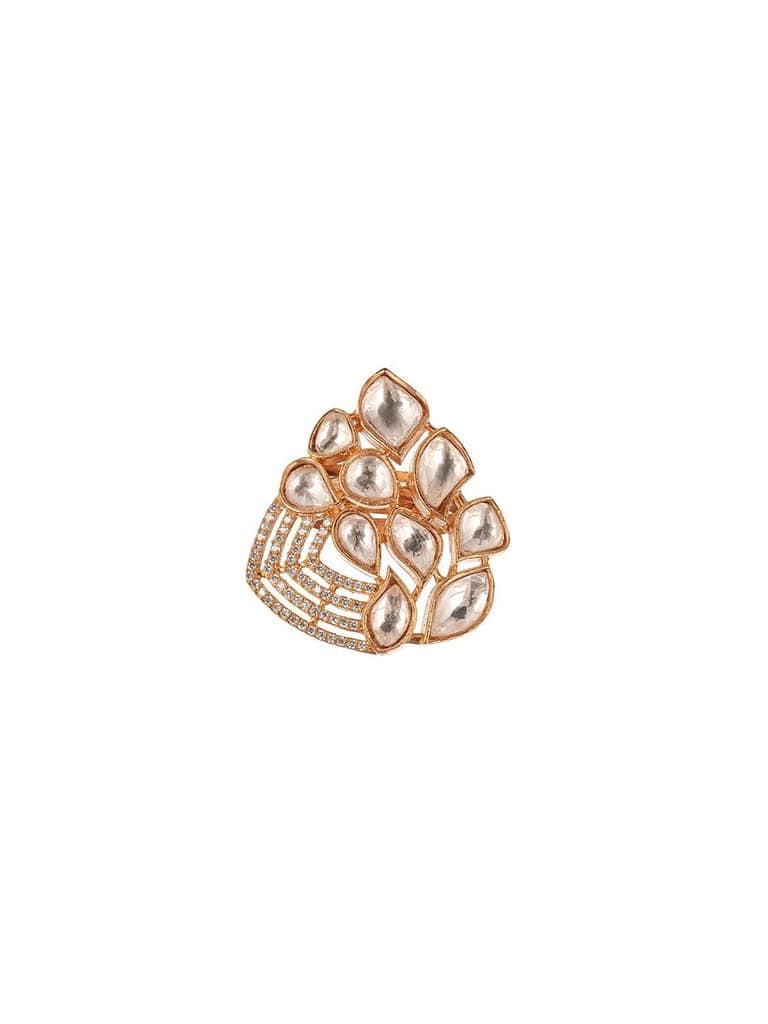 Gold Plated Uncut Polki Mossanite Kundan Studded Adjustable Cocktail Finger Ring view 2