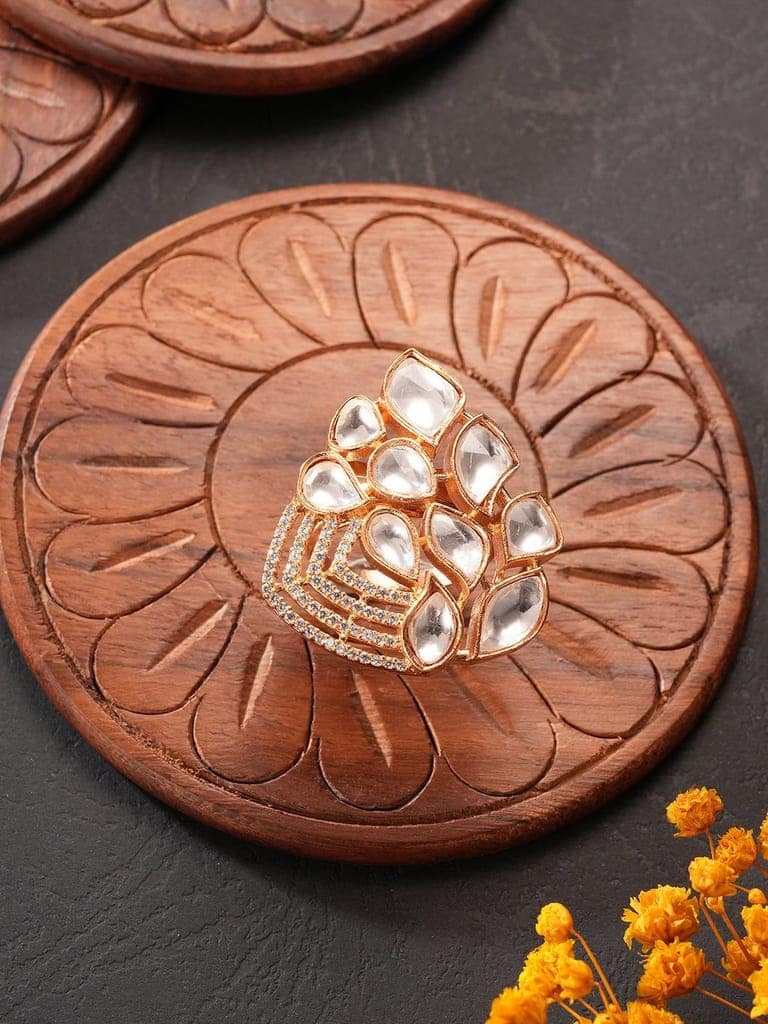 Gold Plated Uncut Polki Mossanite Kundan Studded Adjustable Cocktail Finger Ring view 4