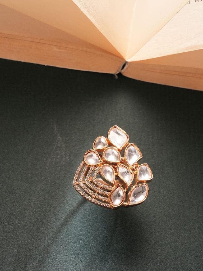 Gold Plated Uncut Polki Mossanite Kundan Studded Adjustable Cocktail Finger Ring view 6