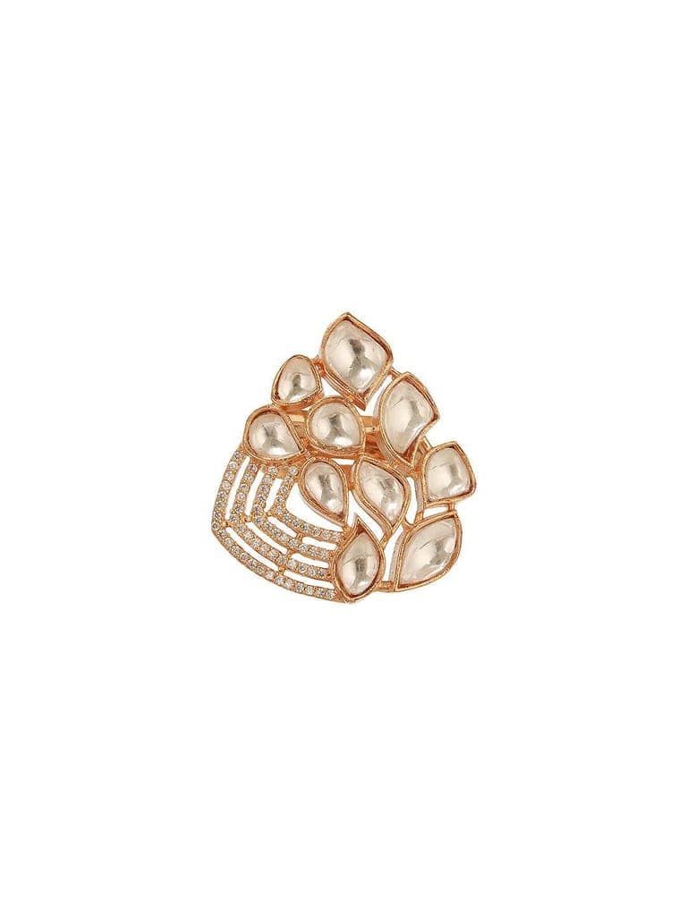 Gold Plated Uncut Polki Mossanite Kundan Studded Adjustable Cocktail Finger Ring view 7