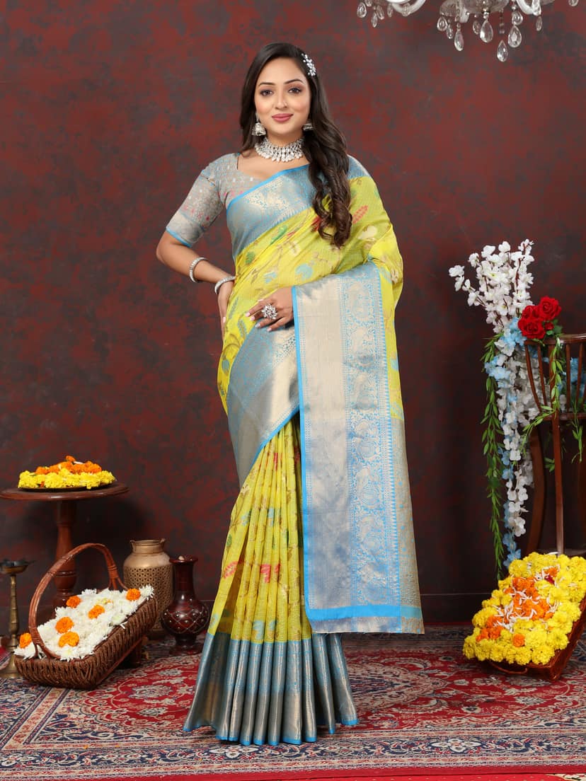 Yavira silk Women's Yellow Handwoven Silk Saree