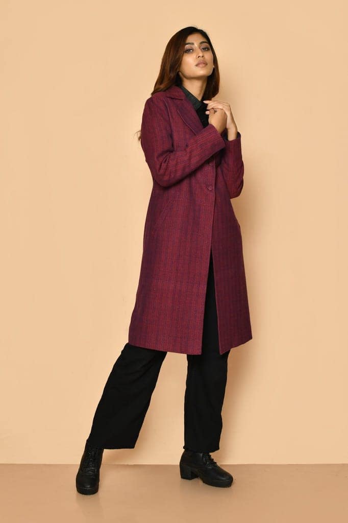 Mrinal handloom cotton trench coat jacket for women view 6