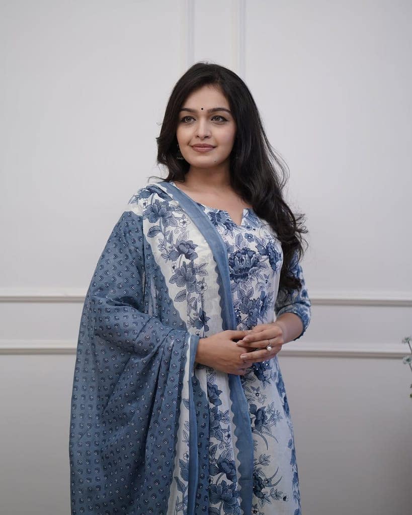 Women's Elegant Blue Printed Cotton Kurti Pant Dupatta Set - Lightweight, Breathable, Stylish, Durable, and Comfortable view 5